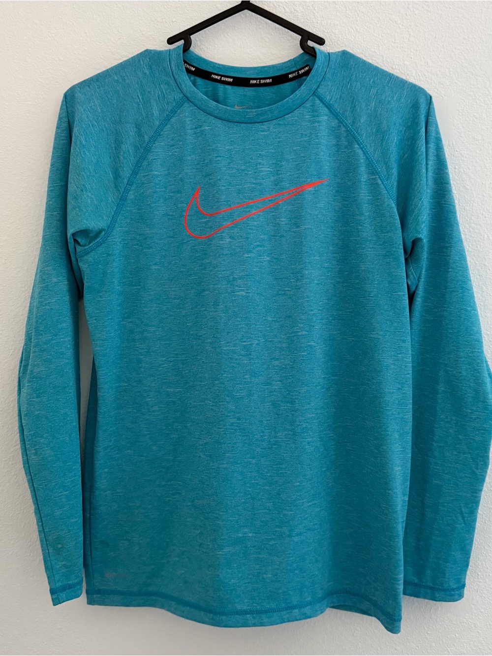 Nike Boys' Teal Long-Sleeve Dri-FIT Swim Top with Orange Swoosh